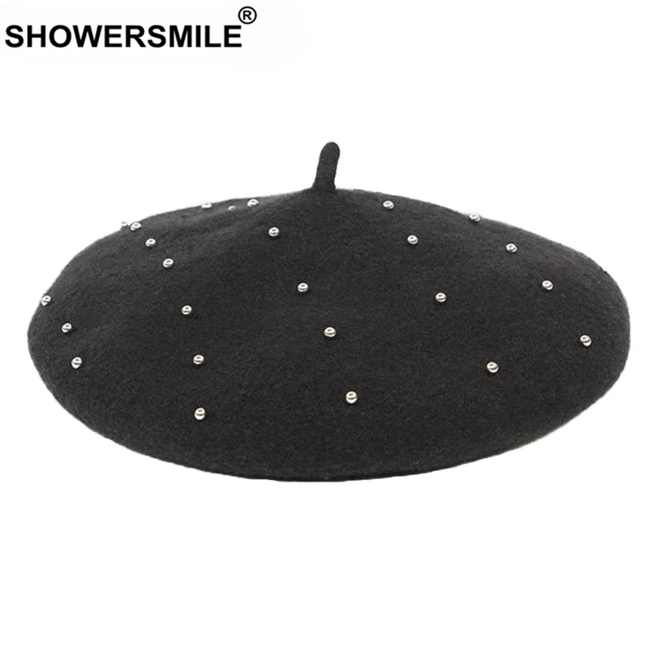 

Black Winter Hats for Women Berets Wool Black Painter Cap Female Pearl Vintage Warm French Berets Ladies Soft Artist Cap Fashion