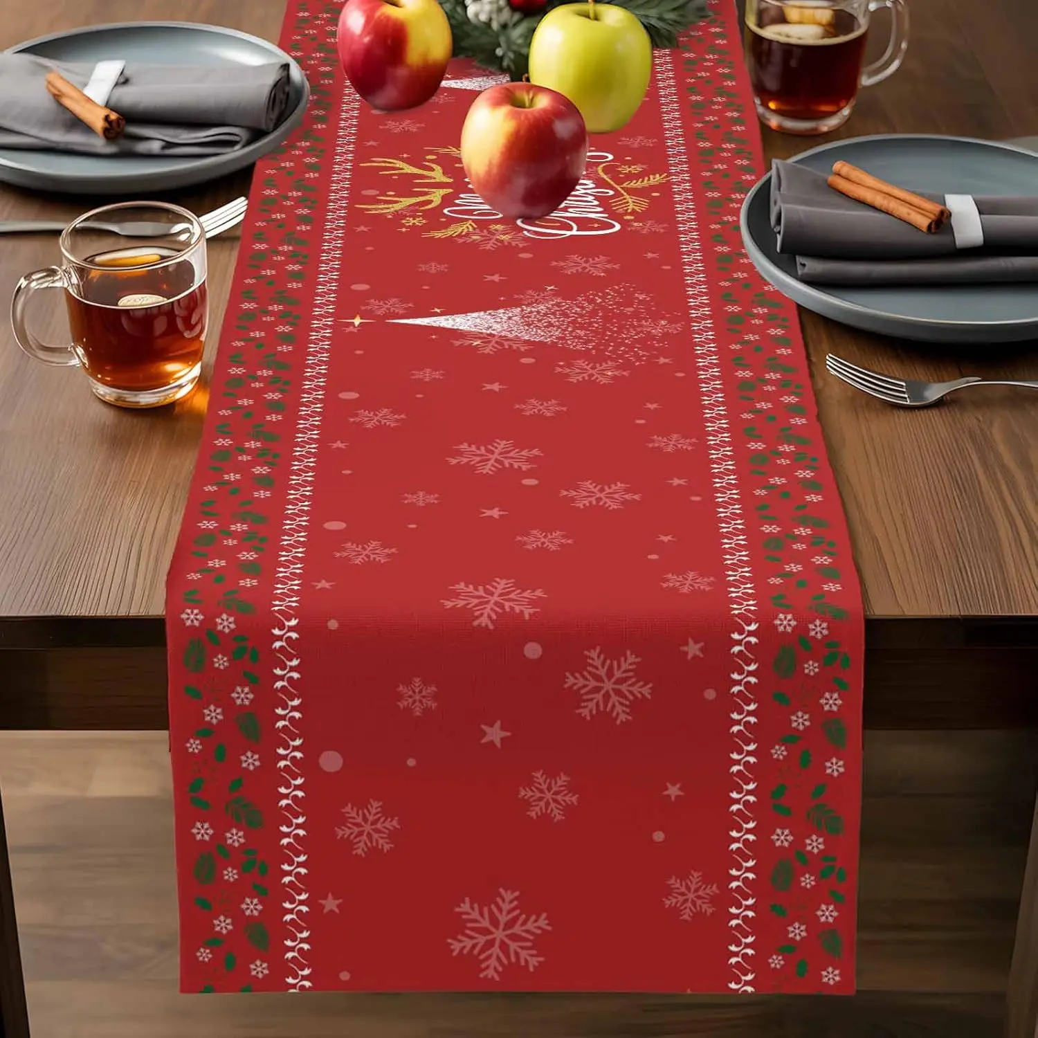 Christmas Holly Berries Snowflake Linen Table Runner Party Decor Winter Holiday Kitchen Dining Table Runner Christmas Decoration
