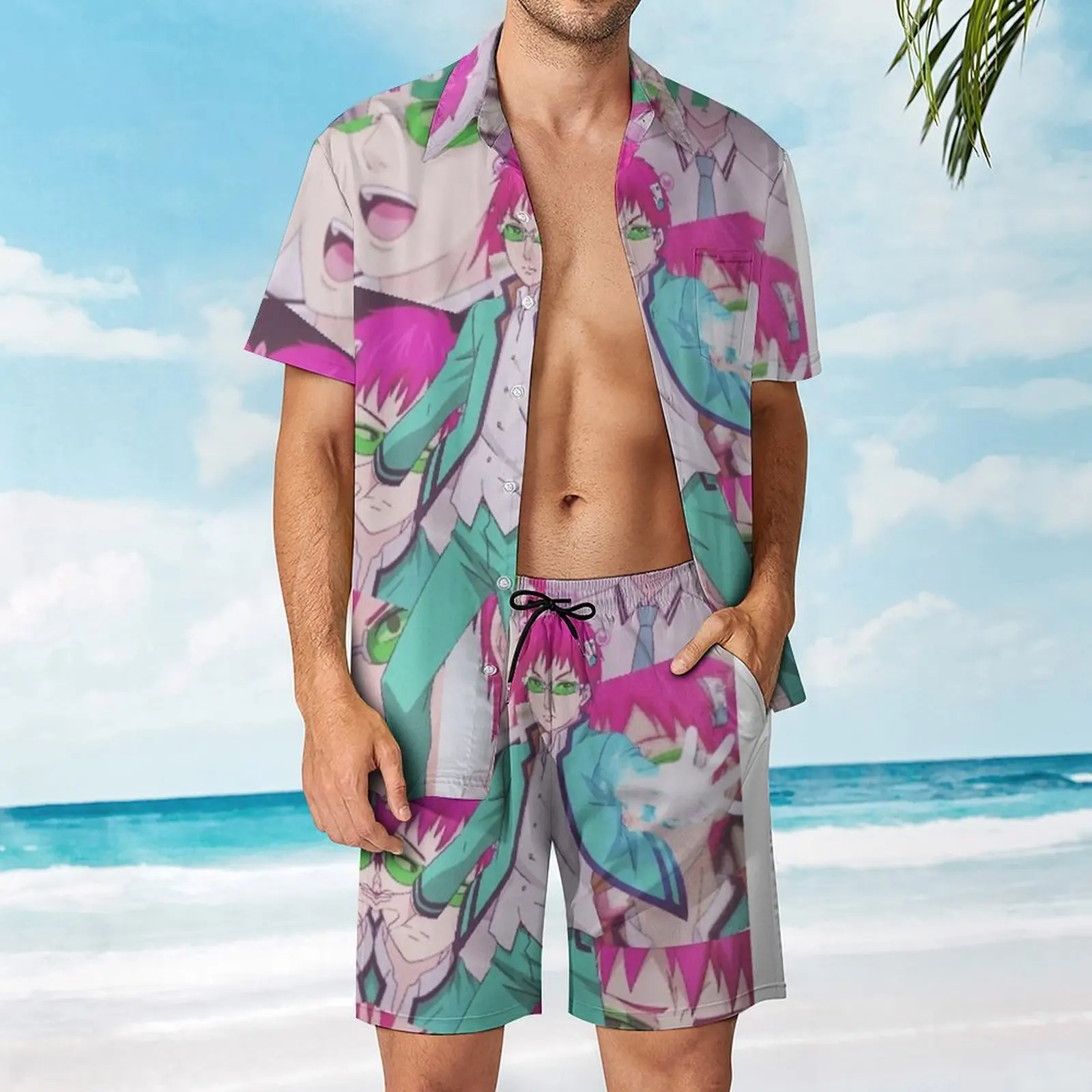 Saiki K Metal Print For Sale Leisure Men's Beach Suit Creative 2 Pieces Suit  top Quality