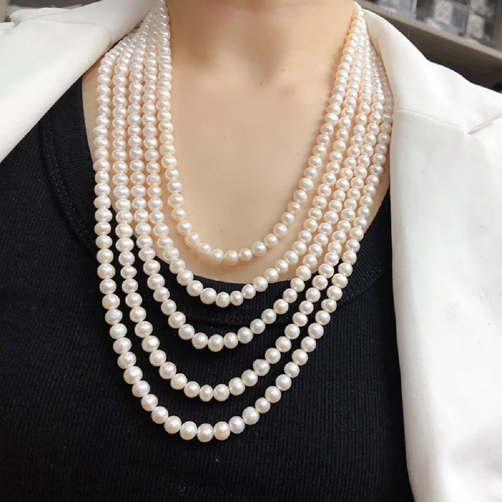 5-Row Pearl Necklace AAA 6-7mm Natural South Sea Round Pearl Necklace 925s 19.20.22.24.26 inch