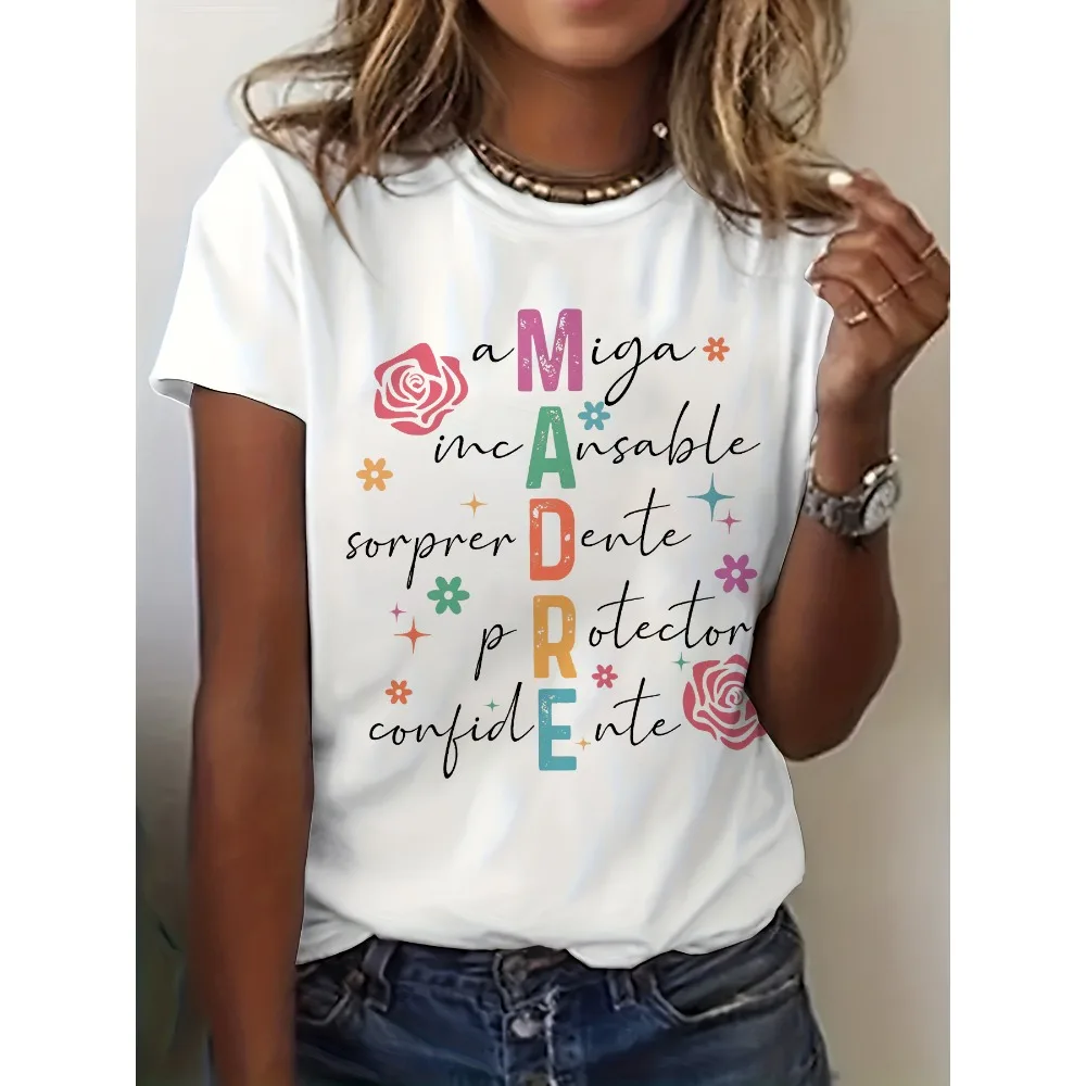 T-shirt Madre Mother, T-shirt à imprimé graphique Madre Spanish Mama Mother, T-shirt à manches courtes pour femme, col rond, haut décontracté, couleurs vibrantes