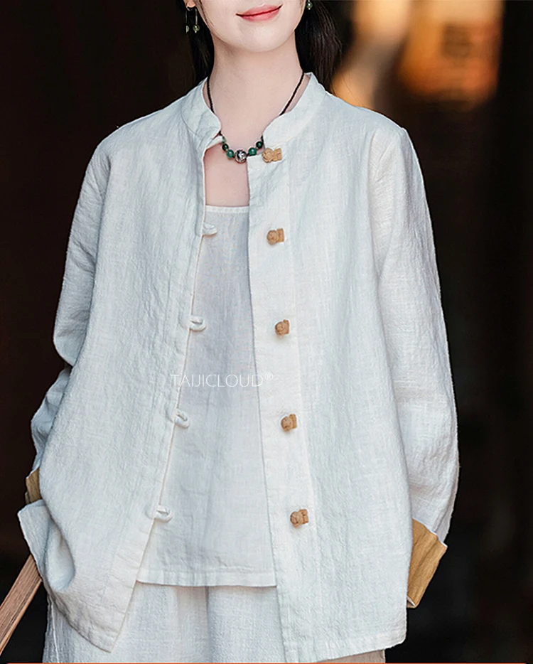

2025 New Chinese Style Linen Shirt - Vintage Cotton Blouse with Open Front, Loose Fit Tea Ceremony Cardigan & Casual Wear