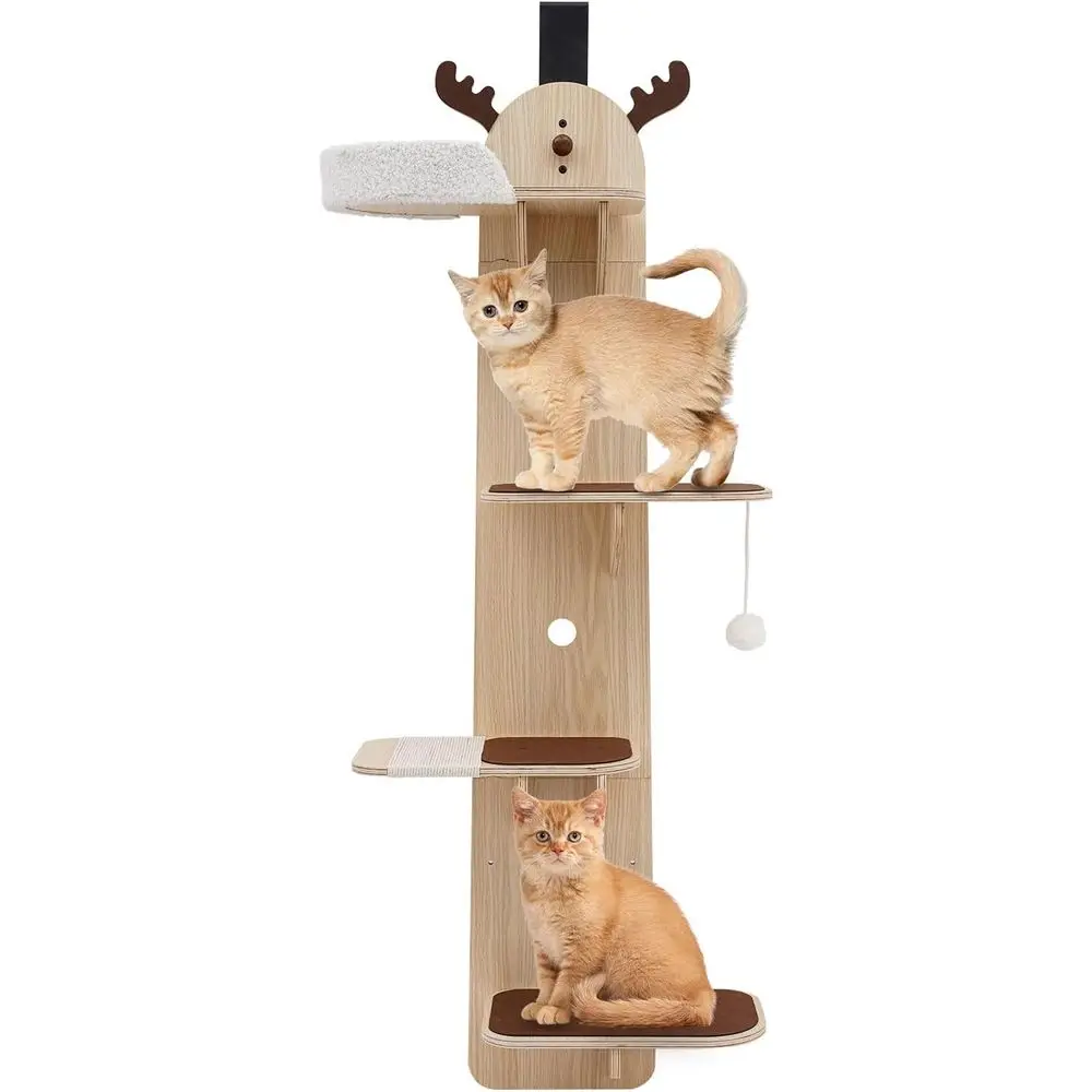 

4-Tier Door-Mounted Wooden Cat Climber with Hanging Shelves for Living Room and Balcony