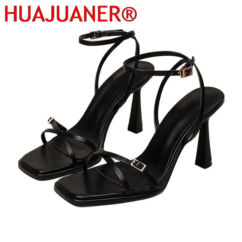 

Новые летние модные женские туфли с открытым носком, однотонные, 2026, на высоком каблуке, нескользящие, сексуальные, на тонком каблуке, с квадратным носком