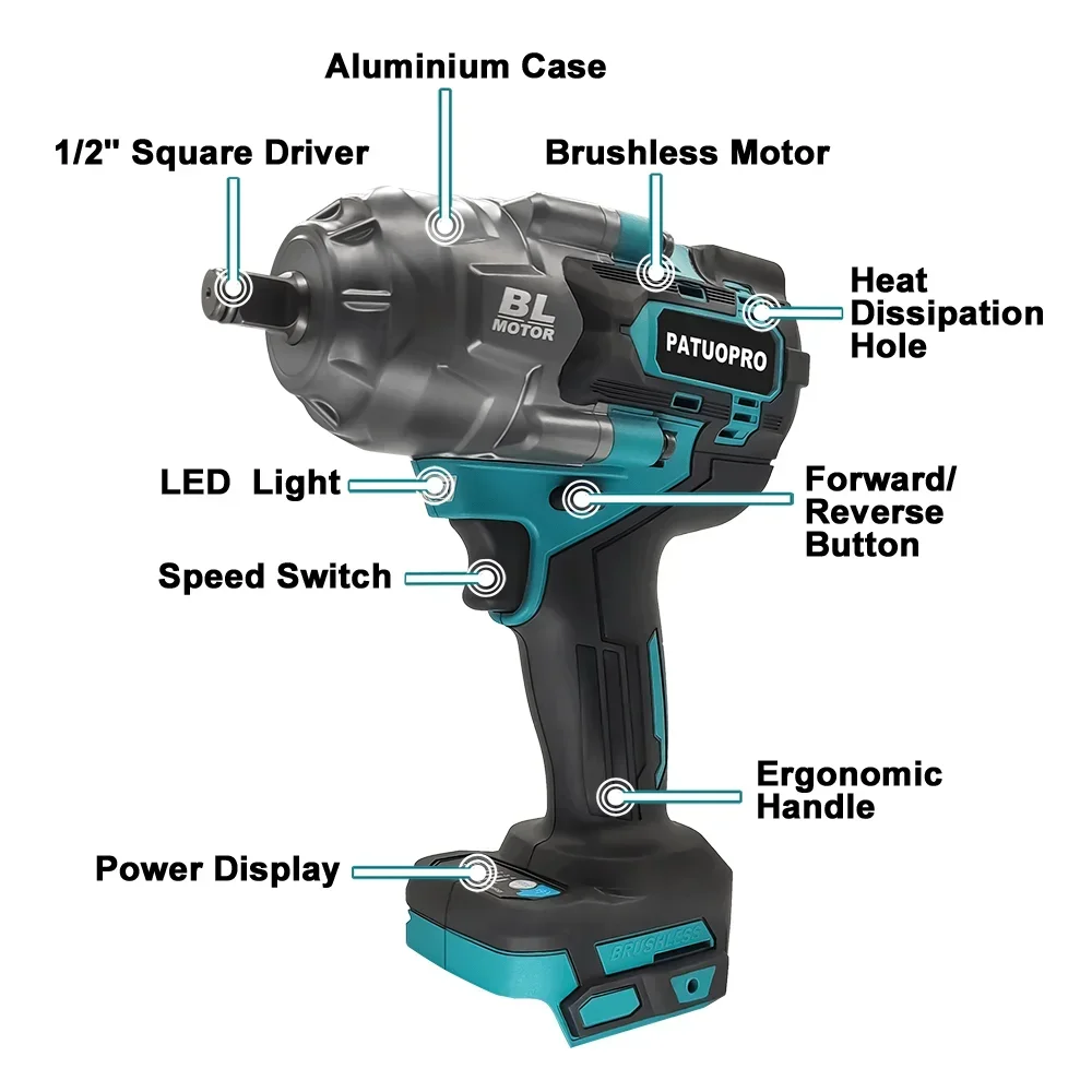 2200N.m Brushless Electric Wrench 1/2 Inch 6-Speed Portable Cordless Drill Driver Rechargeable Power Tool For Makita 18V Battery