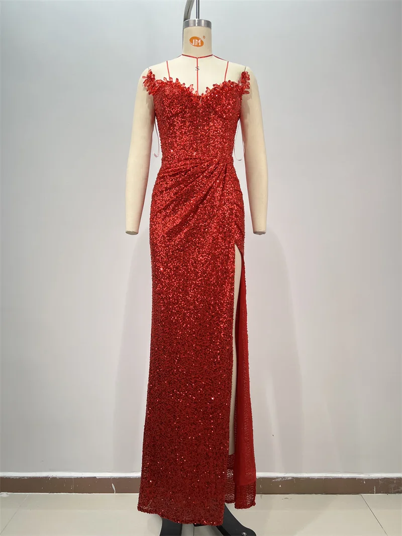 2025 Luxury Women Celebrity Sexy Off Shoulder Sparkly Sequins Split Maxi Long Red Dress Elegant Evening Party Club Vestido