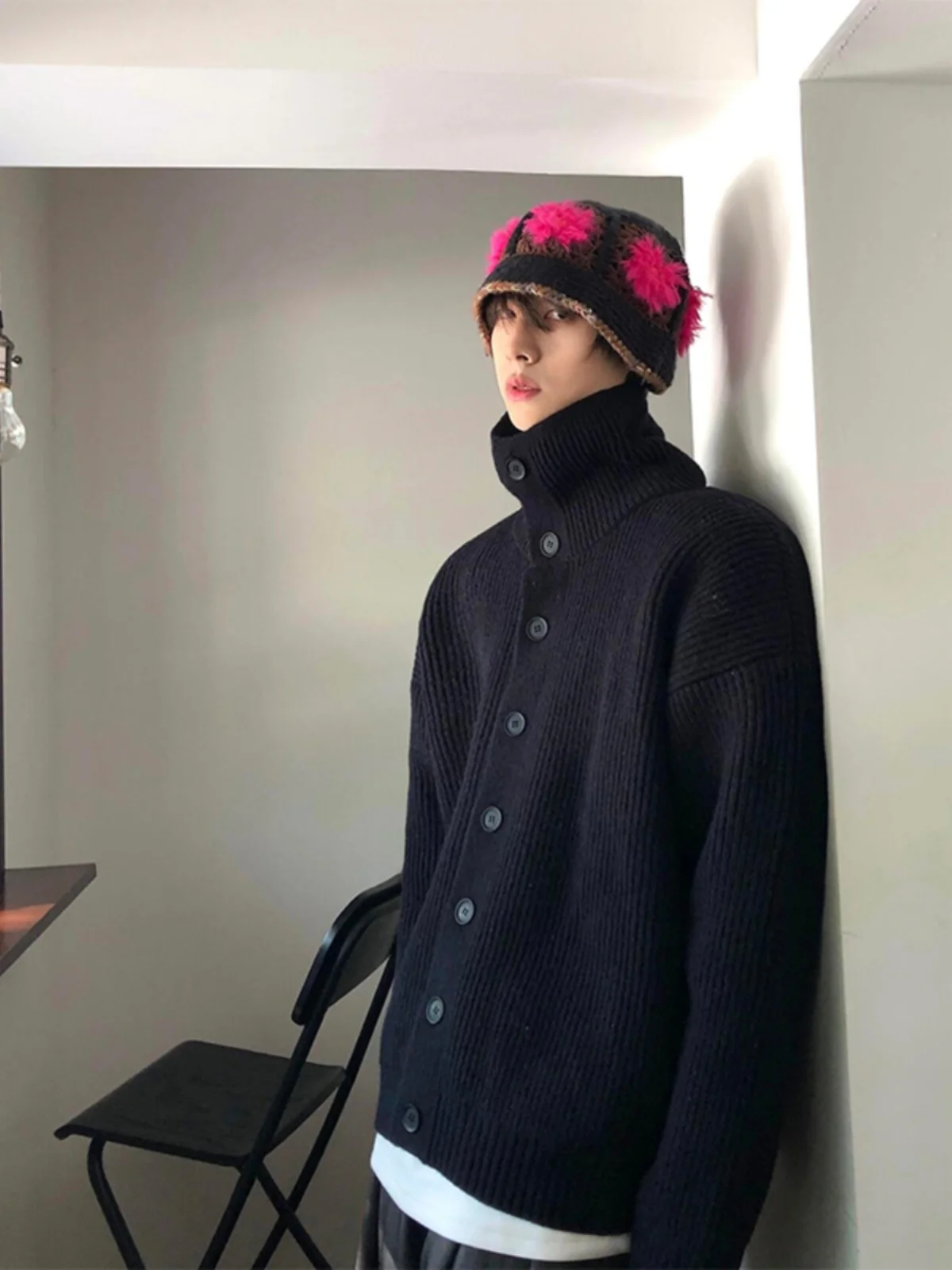 

Bla High Collar Men's Knitwear Lazy Sle Open Cardigan Sweater Winter Casual Loose Fit Faionable Streetwear Top