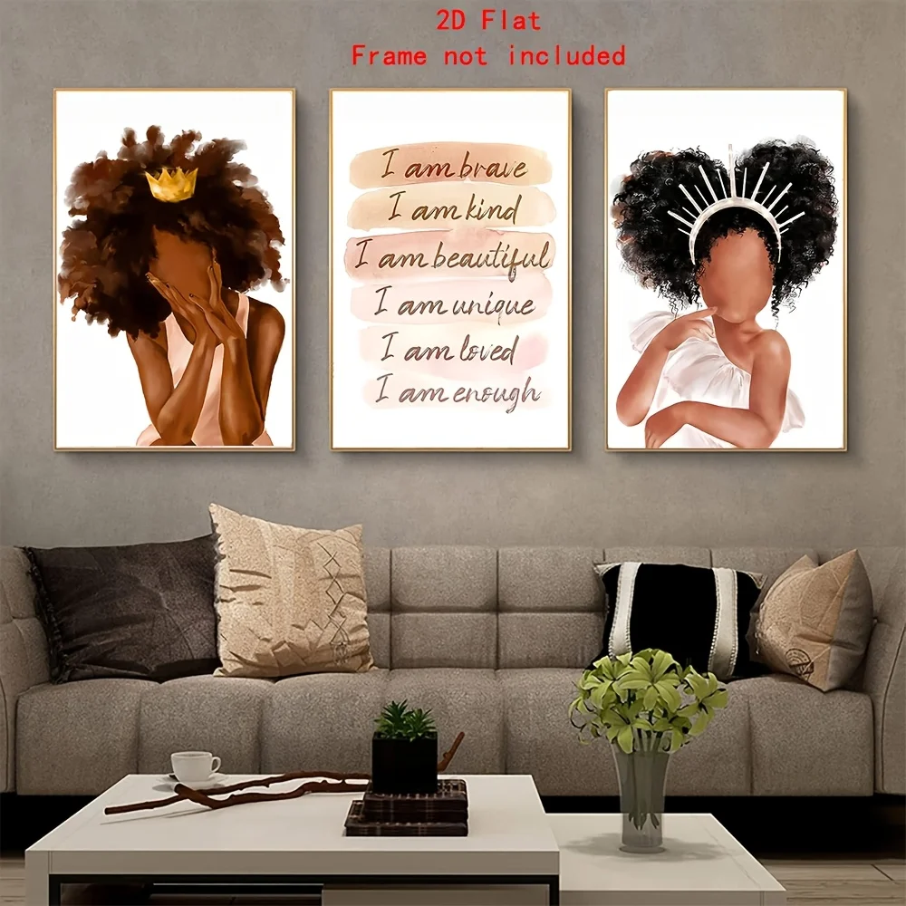 （Noframe 3PCS)-2D Flat, Flat 2D, 3pcs Black Queen African American Princess Queen Crown Rainbow Heart Quote, Abstract Nordic