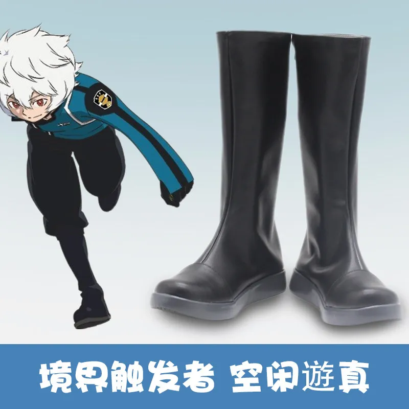 

World Trigger Kuga Yuma Cosplay Costume Shoes Black Handmade Faux Leather Boots
