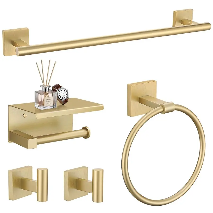 

5Pieces Brushed Gold Bathroom Hardware Set 23.6 Inch SUS304 Stainless Steel Towel Bar Set Wall Mounted Square Toilet Paper Holde