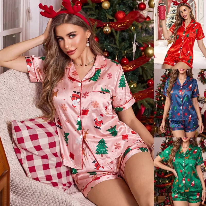 Fashion Christmas Pajama Sets for Women Santa Claus/Xmas Tree Printed Short Sleeve Button Shirts Elastic Waist Shorts Loungewear