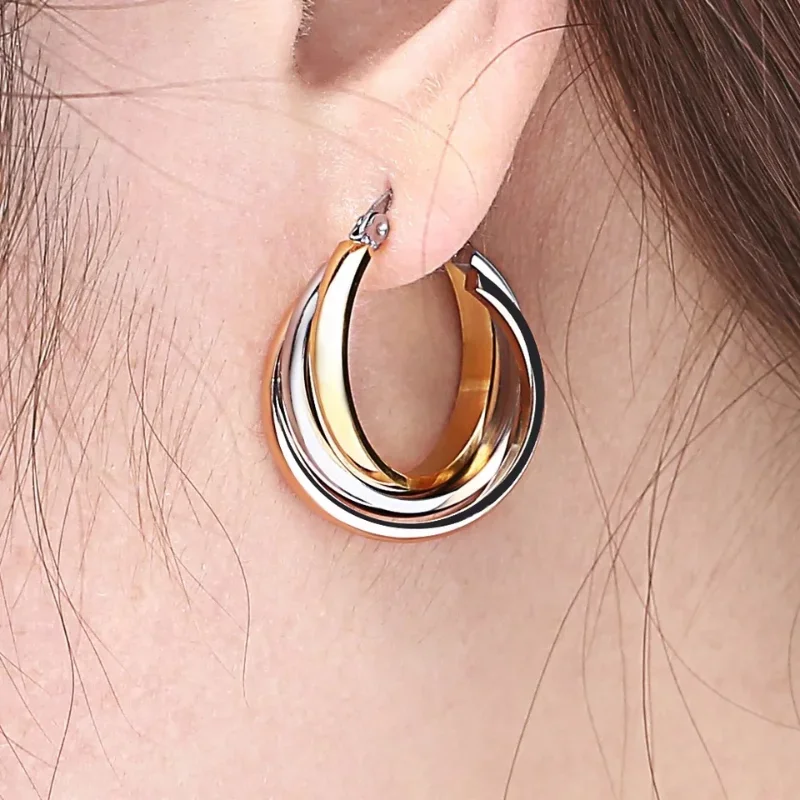 1 Pair of Stainless Steel Triple Ring Multi-layer Overlapping Gold Earrings