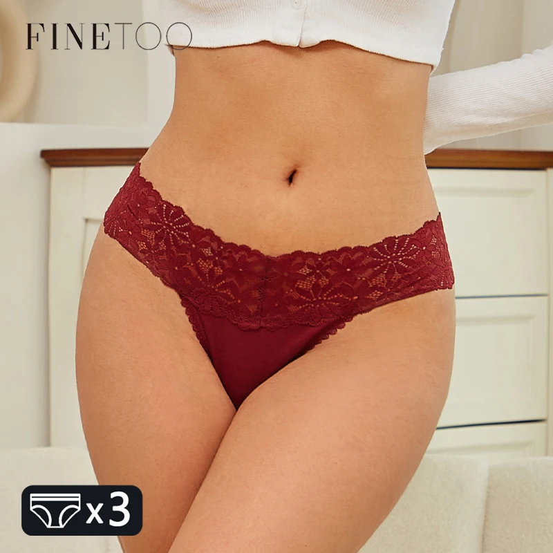 FINETOO 3Pcs Cotton Lace Floral Underwear Women\'s Patchwork Panties Sexy Breathable Soft Briefs Female Solid Low-Waist Lingerie