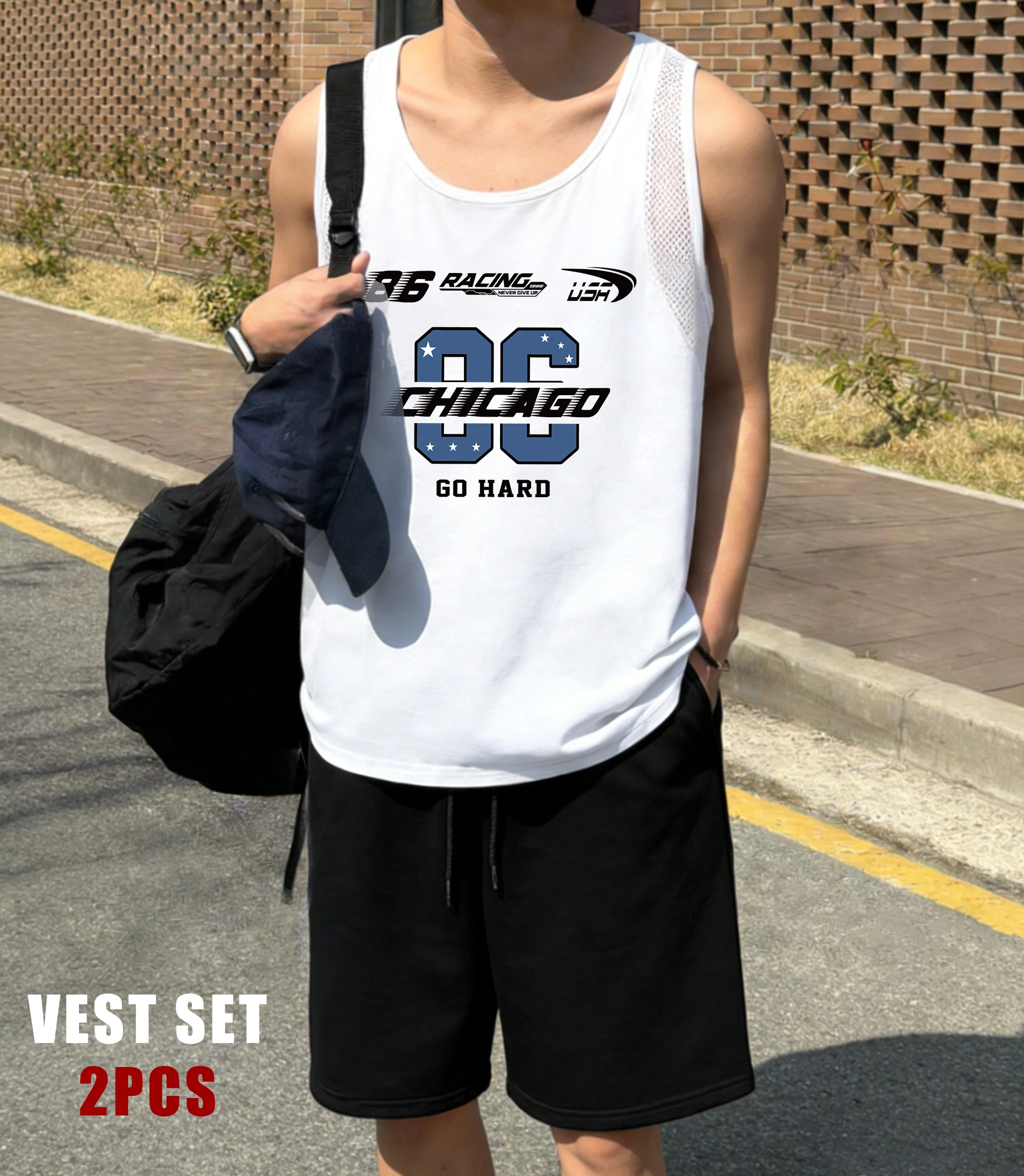 

Chicago Go Hard Number 86 Men Basics Reticular Vest Set Summer Soft Shorts Fashion O-Neck Sleeveless Tee Unisex Breathable Top