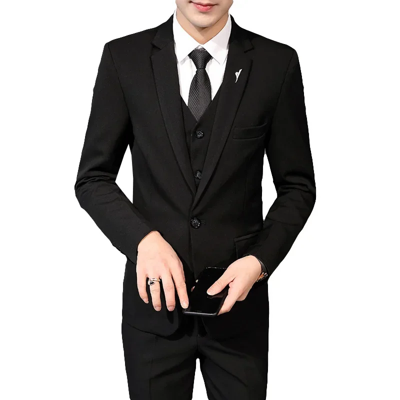 (036) New Korean style slim men's suit set dress solid color suit three-piece suit