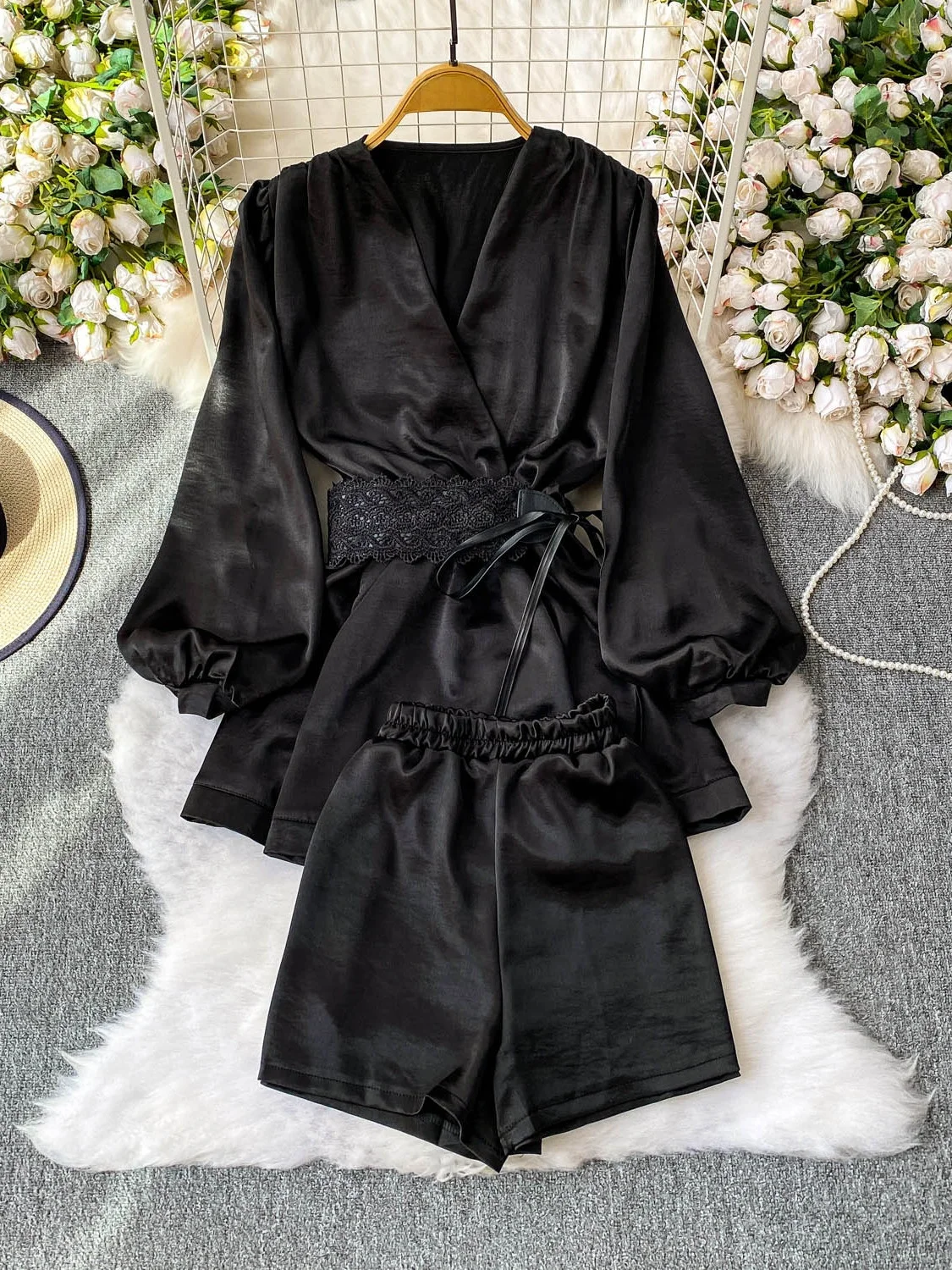 

Ele V-ne Long Sve irt Design Set с обтягивающими талией. Брюки с высокой талией. Женские брюки с эластичной резинкой на талии для похудения.