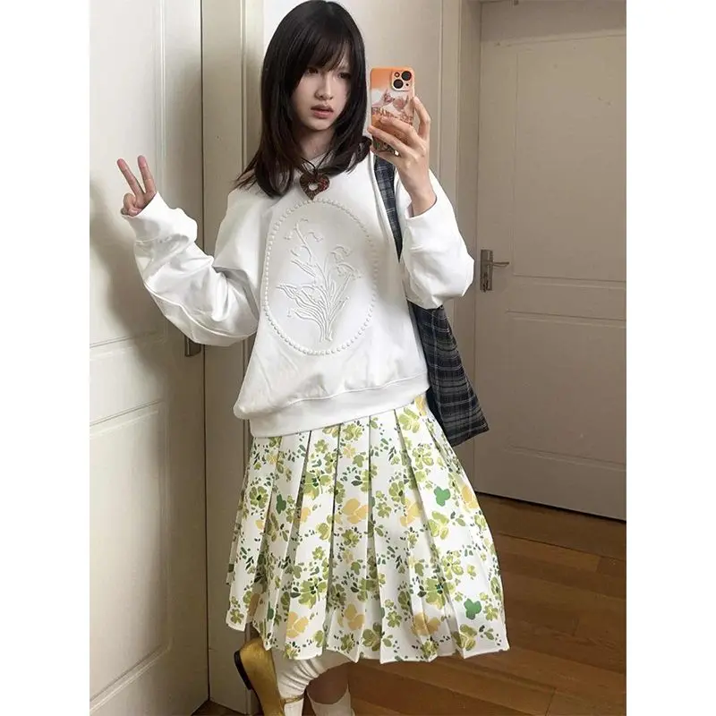 

Pastel Floral Pleated Skirt Women Dopamine Aesthetic Soft Girl Fashion Spring Summer Ruffle Hem Midi Skirt Cottagecore