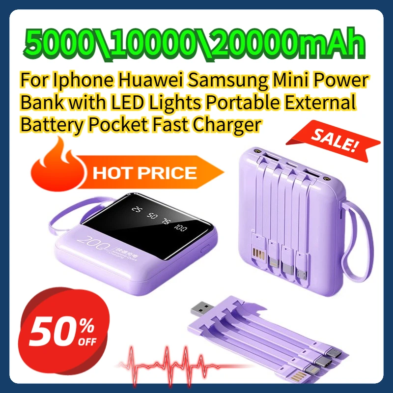 

For Iphone Huawei Samsung Mini Power Bank with LED Lights Portable External Battery 10000/20000mAh Pocket Fast Charger