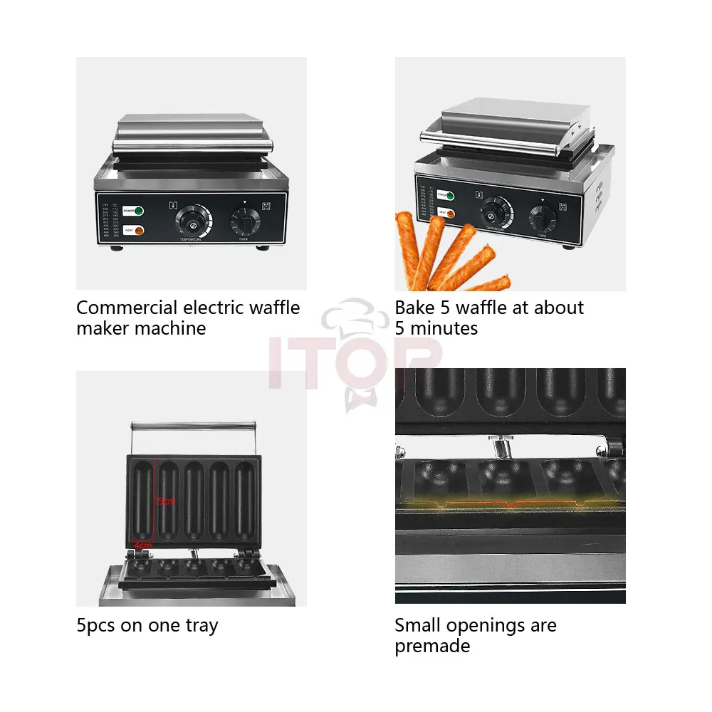 ITOP 5 pcs Hotdog Waffle Maker Non Stick Sausage Baking Machine Milk Stick Lolly Stick Baker 1550W