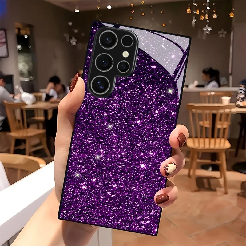 Lila Glitzer-Sternmuster-Handyhülle aus Glas, passend für Samsung Galaxy S26 S25 S24 S22 S21 S20 FE/Ultra/Plus, stoßfest