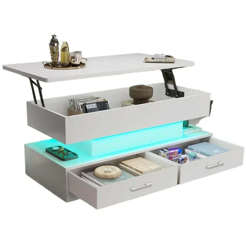 Minimalist Fashion Lift Top Small Coffee Table, Coffee Tables w/ Storage ,Fabric Drawers & LED Light