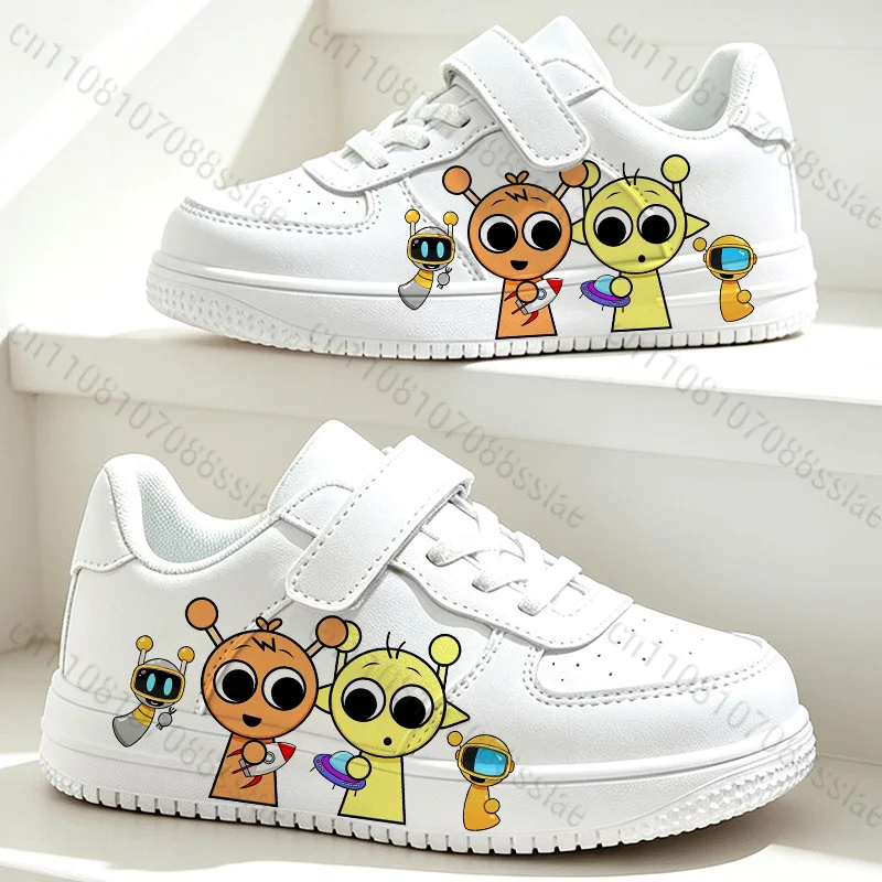 S-Sprunkis Kids White Casual Sneakers Cute Cartoon Alien Character Print Breathable Non Slip Children Walking Shoes Boys Girls