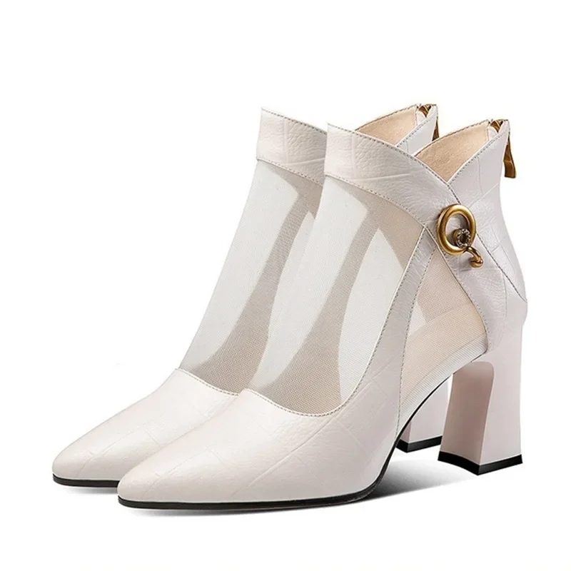 Women's Summer Mesh Boots High Heel Zipper Sexy Black Lace-Up Square Heel Sandals Pumps Shoes Ladies Zapatos De Mujer