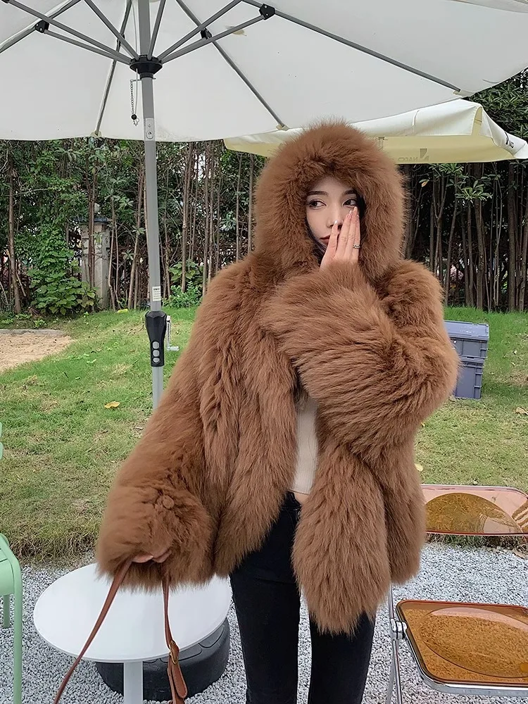 

Encrypted Original 2024 Internet Celebrity Hot Style New Fox Fur Double-Sided Braided Bat Sleeves Hooded Big Hat Fur Jacket