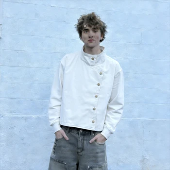 Y2K White Fencing Jacket Retro Bakastroll High Neck Loose Casual Denim Jacket Fashionable High Street Men Women Hip Hop Clothing 4 Y2K White Fencing Jacket Retro Bakastroll High Neck Loose Casual Denim Jacket Fashionable High Street Men Women Hip Hop Clothing 4