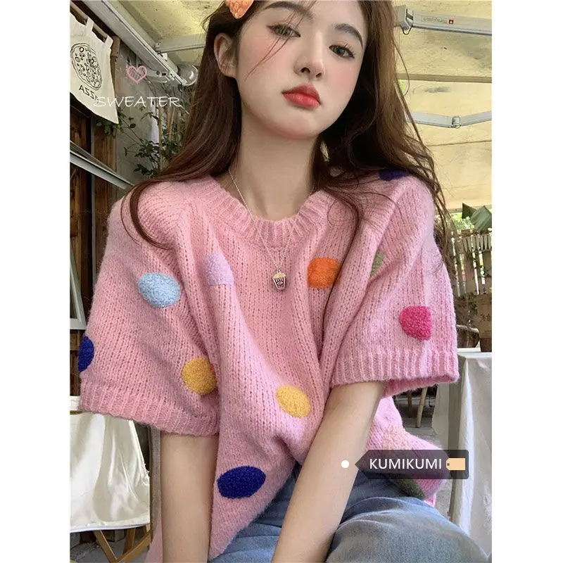 

Top Tee Short Sleeve Sweater Femme Interior Lapping Bottoming Shirt Spring Loose Knitting Polka Dot Top Tee Women Clothes Tops