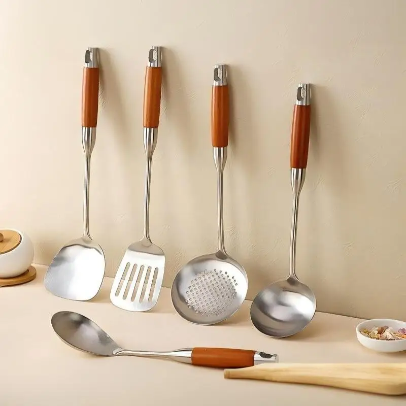 Heat Resistant Wooden Handle Stainless Steel Kitchen Utensil Set Multitool for Home Cooking Baking Prep Daily Work