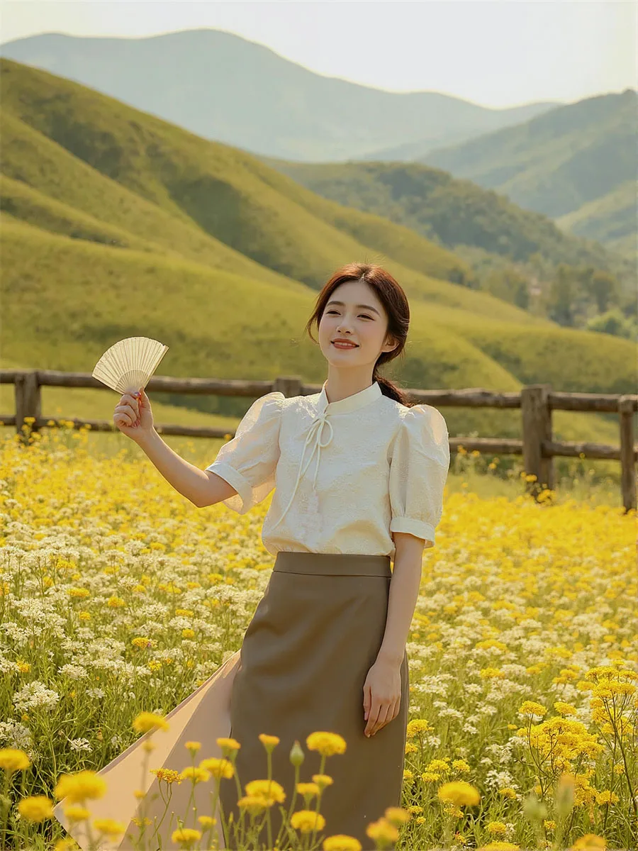 

Винтажные блузки с воротником-стойкой, женские лоскутные рукава-фонарики с повязкой на талии, минималистичный шикарный стиль колледжа в стиле Y2K