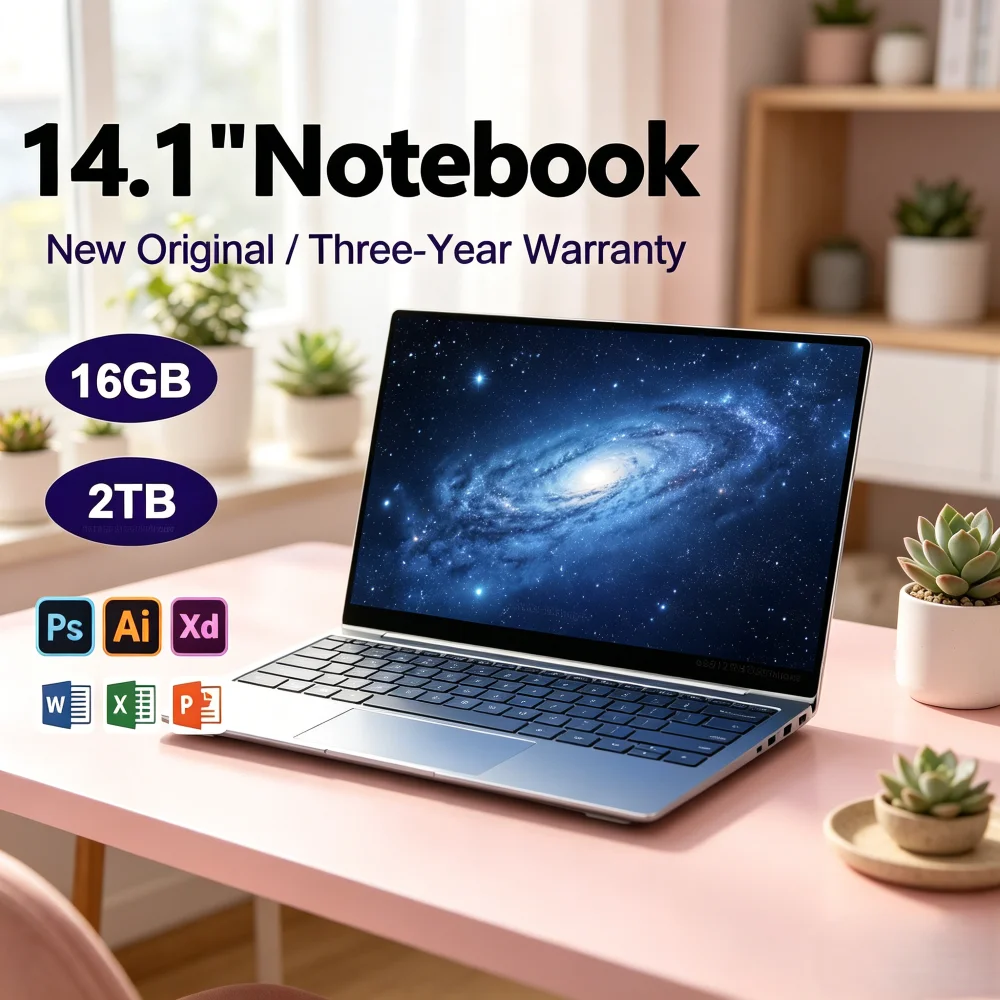 Portable 14.1 Inch Ultra-Thin Lightweight Laptop, High Refresh Rate Screen, Intel N3700 Processor, 16GB RAM + 2TB SSD, Windows 1