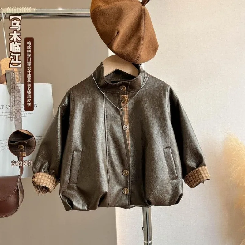 Children's Retro Leather Jacket Spring and Autumn New Style Boys' and Girls' Stand up Collar Splicing Leather Coat