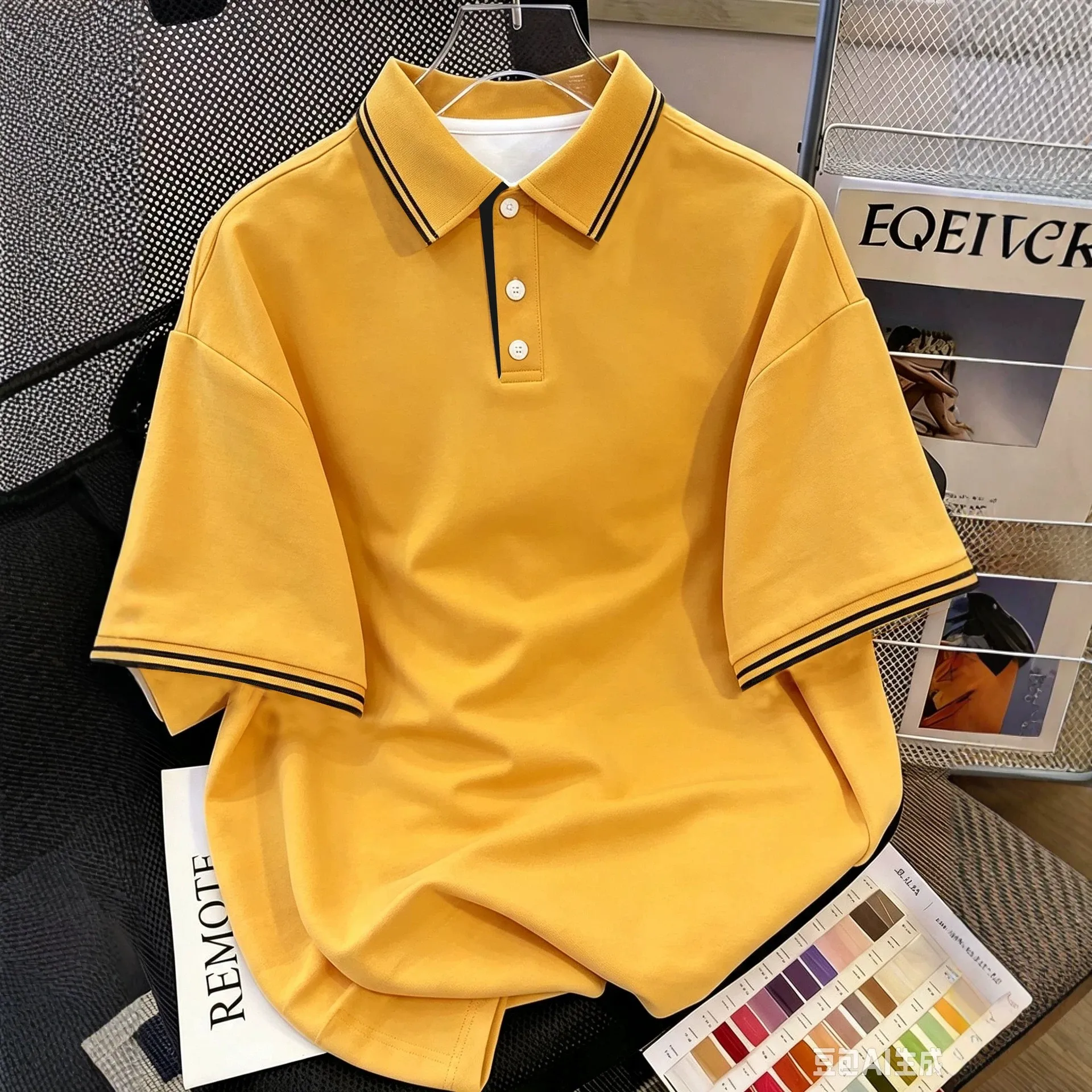 New Fashion Mens Lapel Polo T Shirts Black Double Line Decor Collar Quick Dry Soft Daily Wear Male Short Sleeve Tops