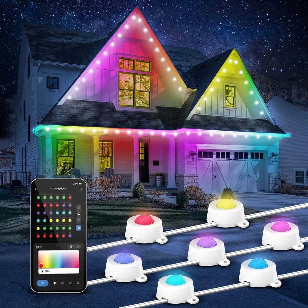 Permanent Outdoor Lights, Smart RGBIC String Lights, 50FT LED Christmas Lights, 2.4GHz Wifi-Enabled Under Eave Light