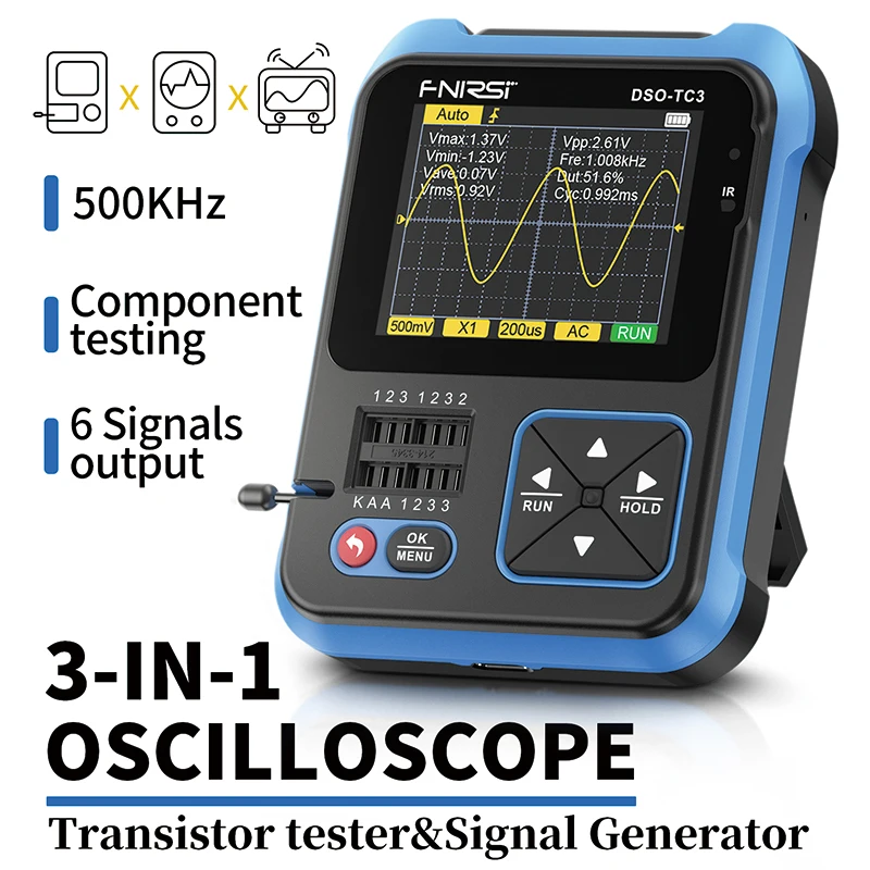 FNIRSI DSO-TC3 Digital Oscilloscope Transistor Tester Signal Generator 3 in1 500Khz 10MSa/s Capacitor Resistor Diode 100K Output