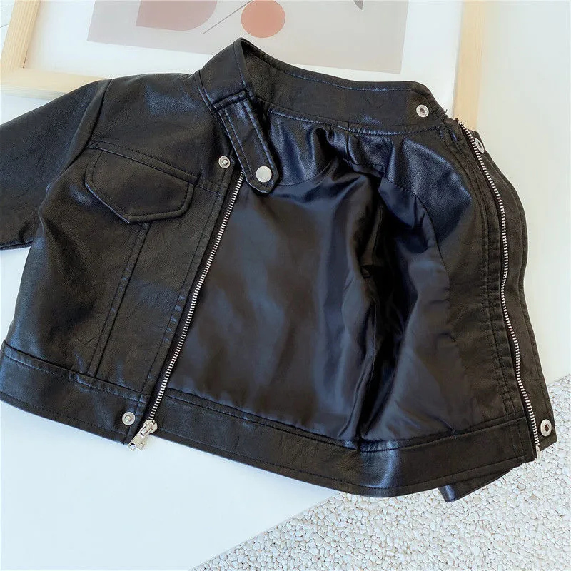 2024 New Girls Boys Black Pu Zipper Jackets Kids Baby Leather Jacket Spring Autumn Cool Coat Children Clothes Overcoats 2-6T