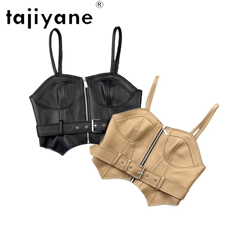 TAJIYANE Genuine Leather Vest Sheepskin Women's Tanks Sleeveless Waistcoat Moto Crop Tops for Woman Belted Bustier Outerwear