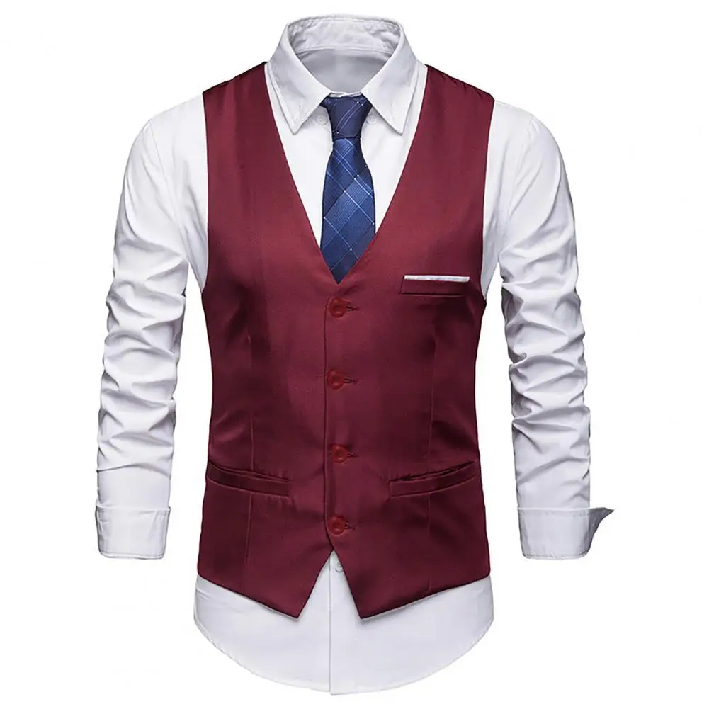 Chaleco Ajustado de Color sólido para hombre, chaqueta sin mangas con cuello en V y botones, Formal, de negocios, estilo coreano, 2023