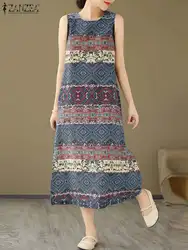 Women Bohemain Sleeveless Sundress ZANZEA Summer Printed Dress Vintage Beach Holiday Vestidos Casual O Neck Baggy Midi Dresses