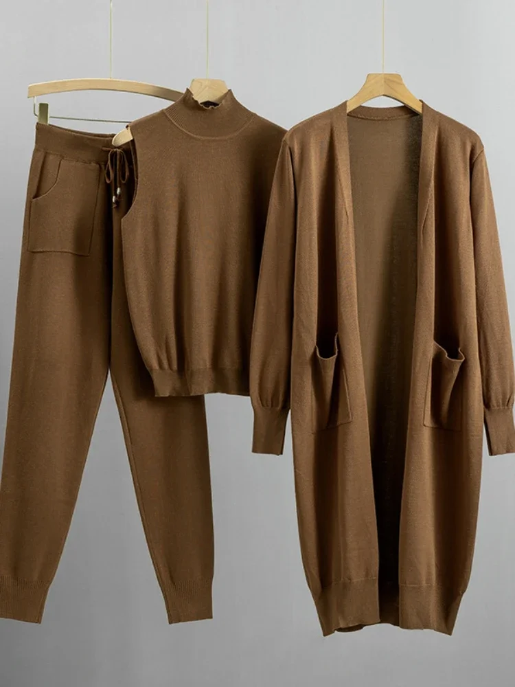 Winter Frauen Gestrickte 3 Stück Set Muslimischen Casual Verdicken Langen Mantel Kleid Pullover Mantel + top + Hose 3 stücke Anzüge Warme Set Abaya 2026