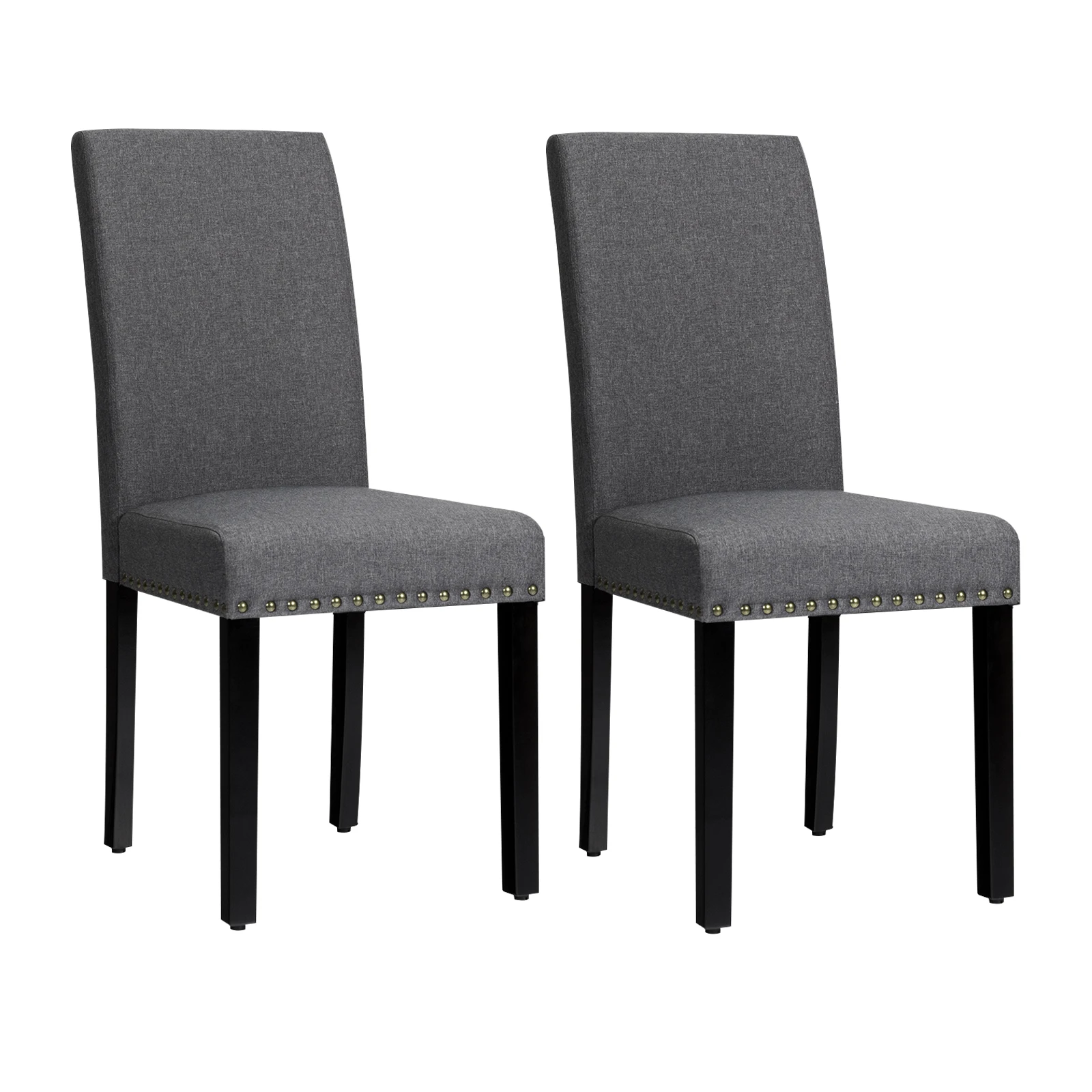 Set of 2 Fabric Dining Chairs Upholstered w/ Nailhead Trim and Wood Legs Grey