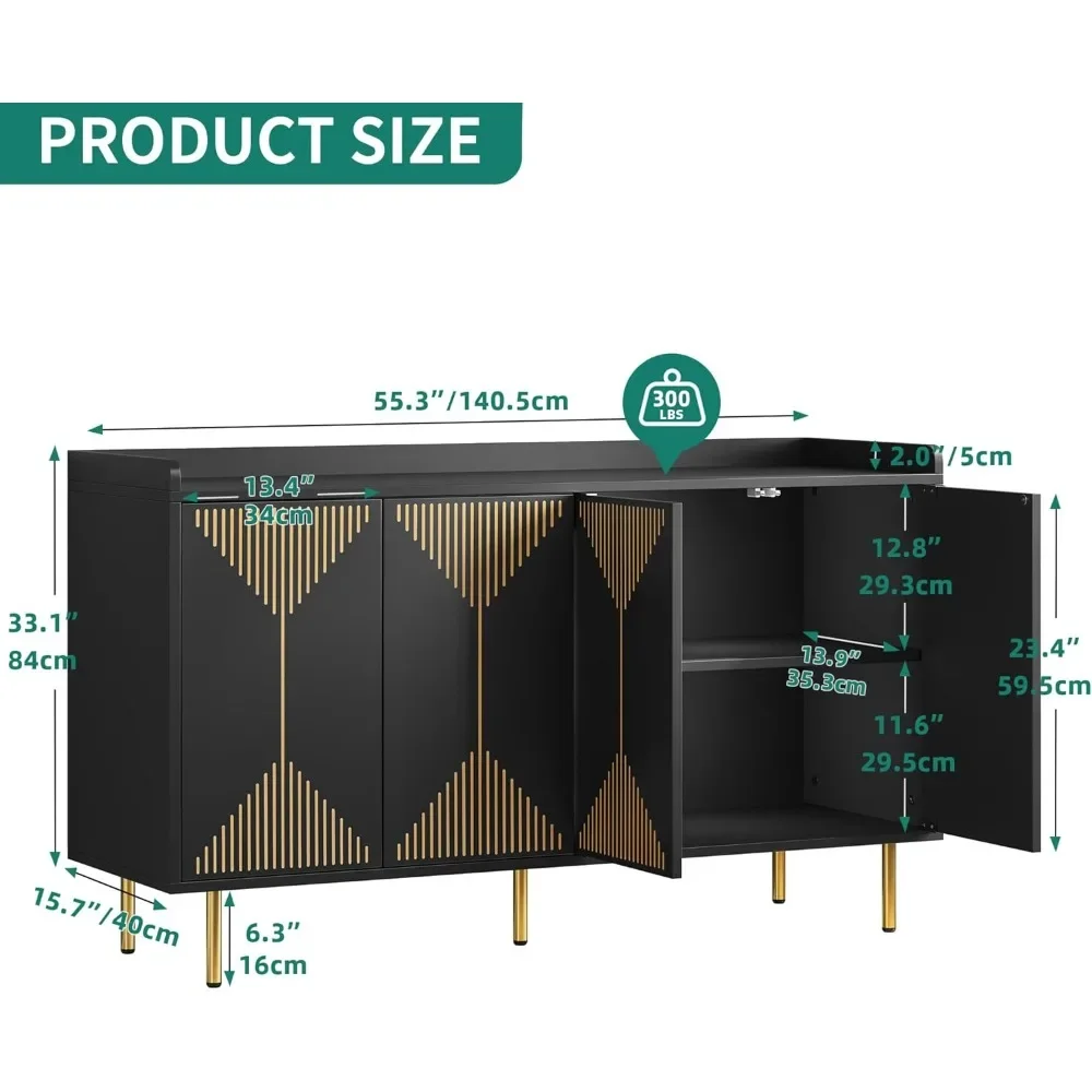 55 Inch Modern Coffee Bar Cabinet with Storage for Carved Design, Large Buffet Cabinet with Rebound Door ＆ Shelve