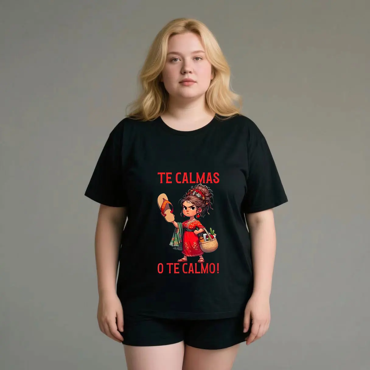 

Letter+cartoon character print for summer ventilation plus size Ladies' casual short sleeved T-shirt black