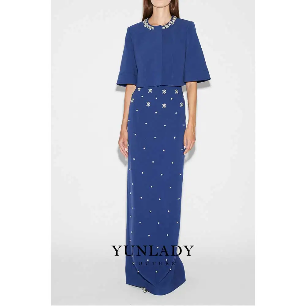 Arabic Formal Evening Dress 2 Pieces Customized Long Sleeves Pearls Stones Sweep Train Wedding Party Gown Prom Dress Maxi Dress
