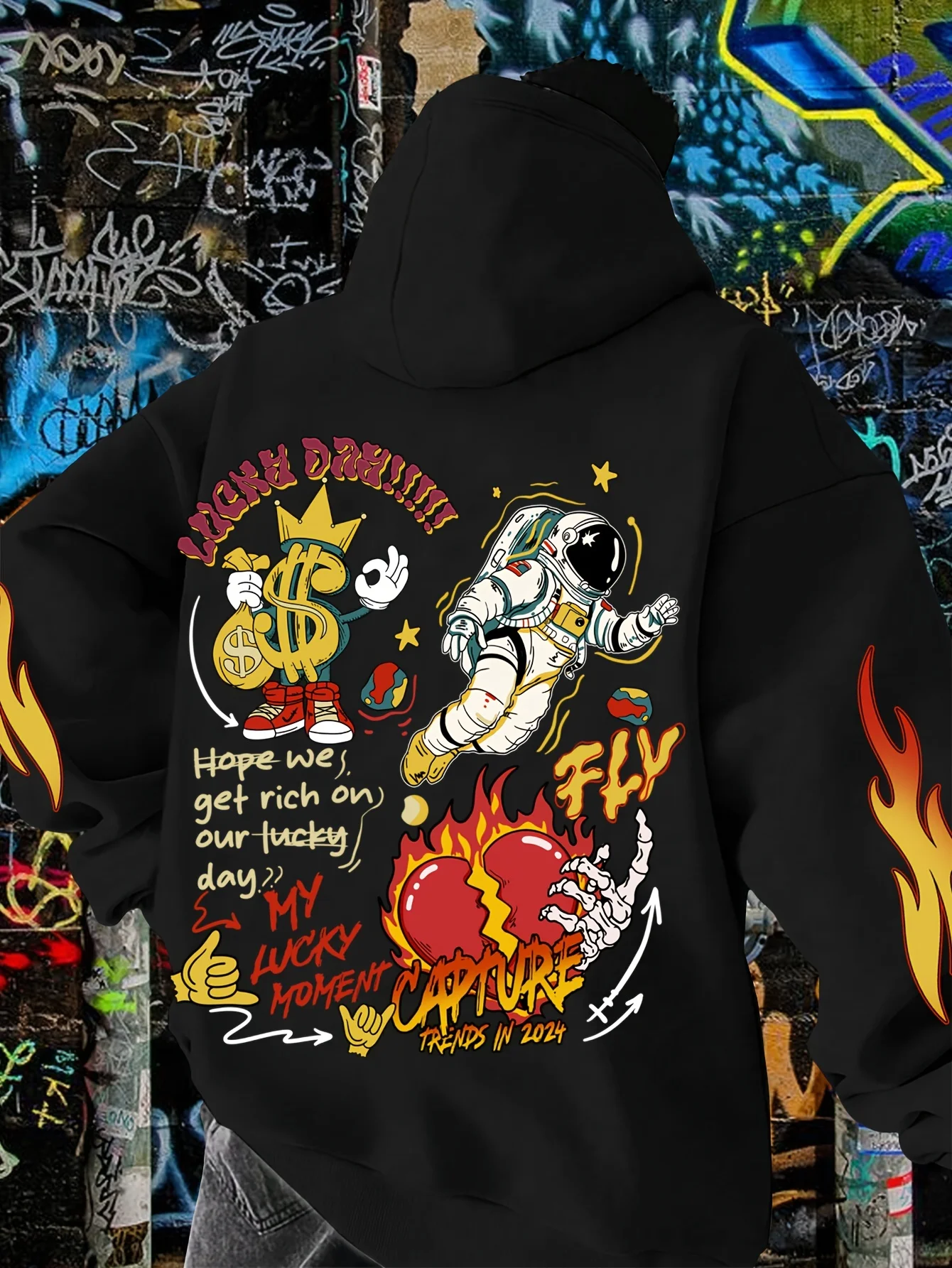 Street Fashion Theme - Herren Sport-Hoodie mit Glücks-Tagesmotiv, Astronaut, Dollar,