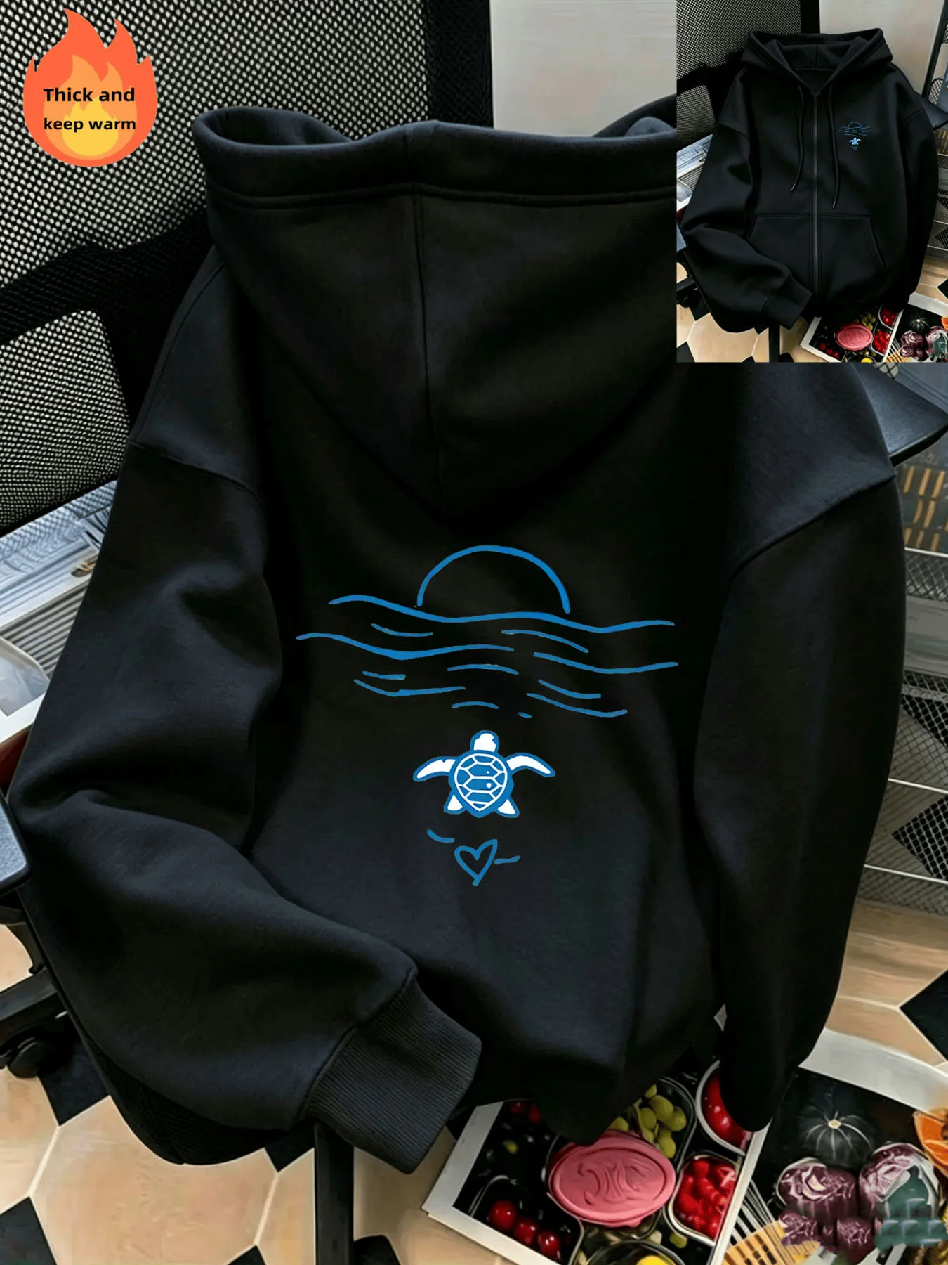 Cartoon Sea Turtle Print Zip‑Up Hoodie, Casual Long Sleeve Sweatshirt, Knit Polyester Fabric for Autumn Winter.