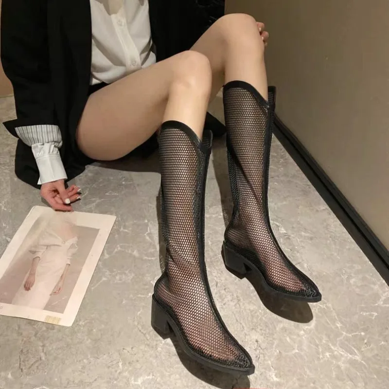 2026 Mesh Tall Boots Summer New Round Toe Zip Soft Sole Non-slip Breathable Sandals
