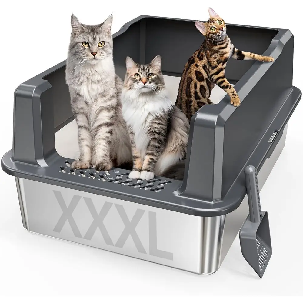 

Jumbo Size Stainless Steel Cat Litter Box with Lid, 26 x 18 x 12, Ideal for Large Cats and Multiple Cats, Odor-Resistant, Leak-P